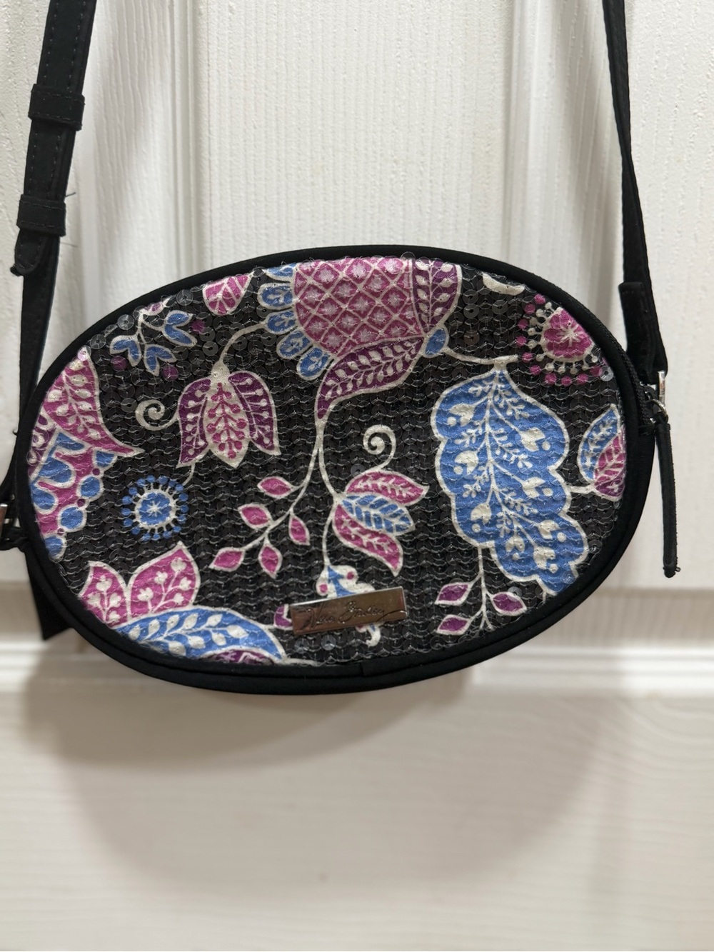 Vera Bradley Black Crossbody with Pink & Blue Floral Pattern
